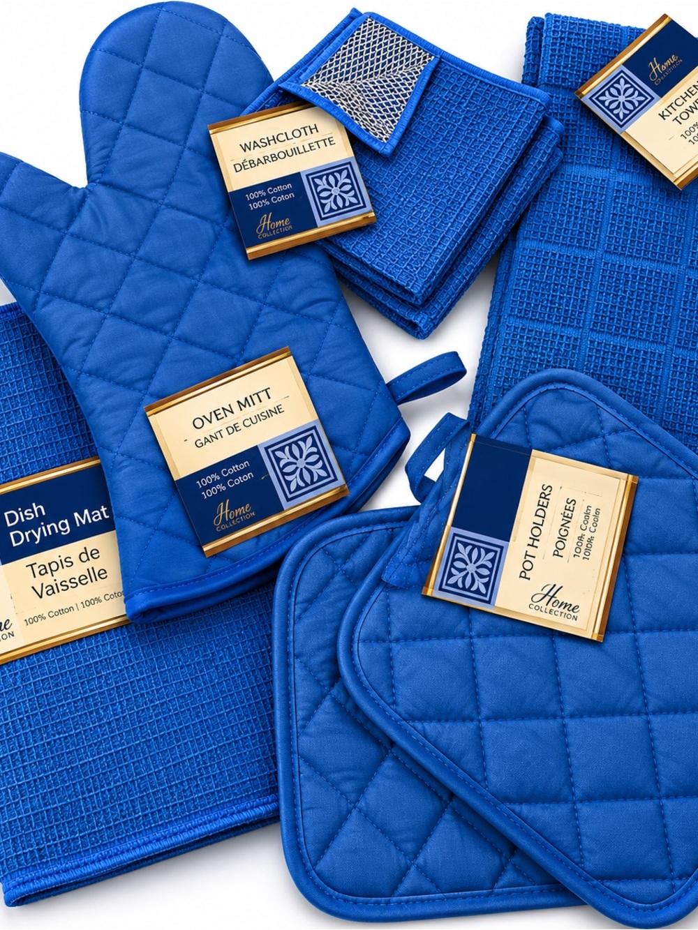 Home Collection Royal Blue Kitchen Linen Set - Oven Mitt, Pot Holders & Towels